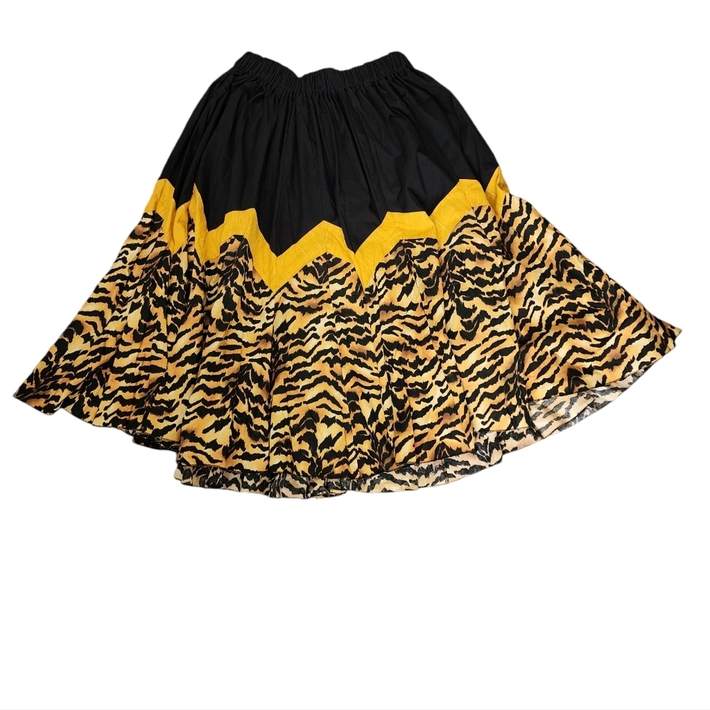 Vintage 80s Tiger Animal Print Midi Skirt Chevron Waist High Rise Boho Pin Up - Picture 4 of 9